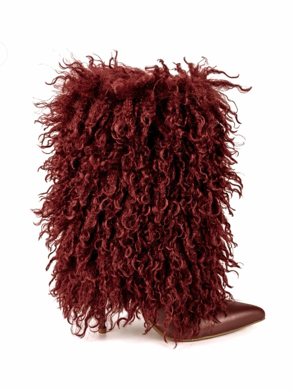 Textured Curly Shearling Ankle Boot in Burgundy